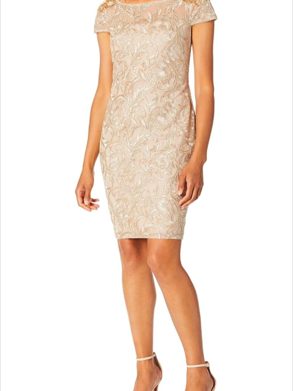 Calvin Klein | Embellished Lace Cap-Sleeve Sheath Dress | Nude & Gold | sz 14
